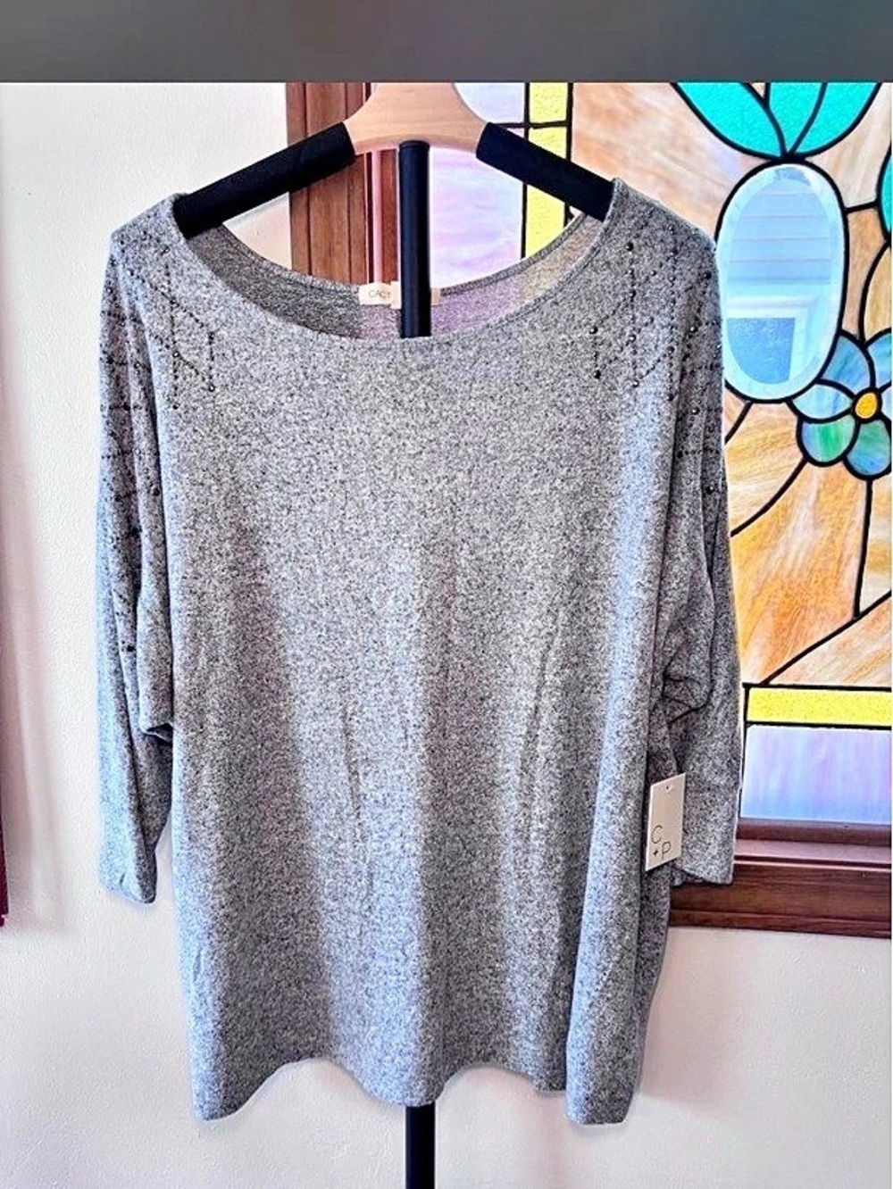 Cactus + Pearl Beaded Shoulder Blouse in Gray XL NWT